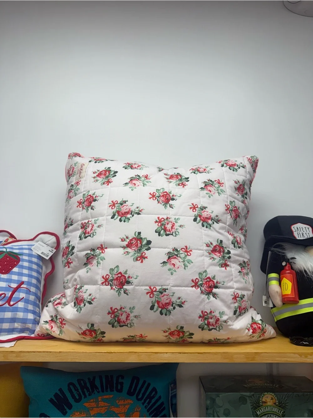 New Cath Kidson Floral Quilted Throw Pillow - White with Pink Rose Print